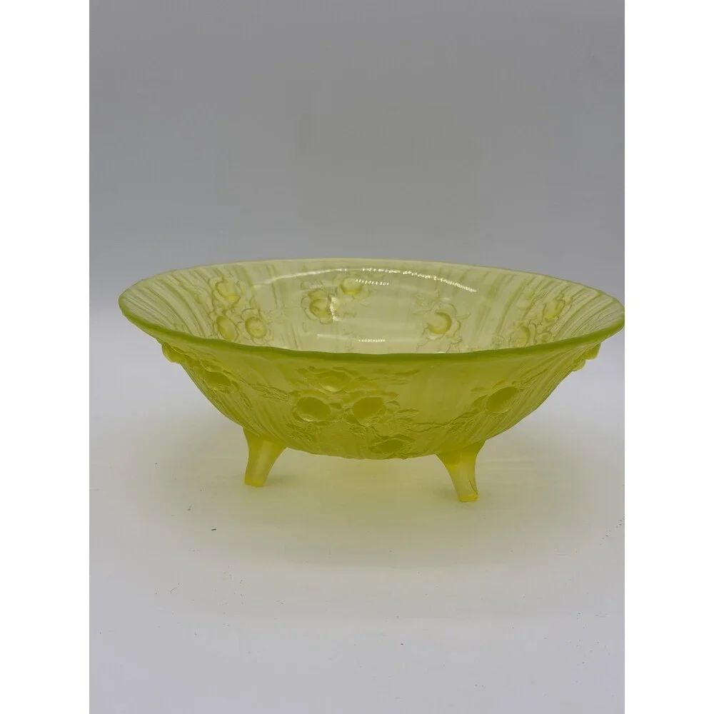Tiffin Art Glass Vaseline Uranium Satin Roses Bowl 1920 MCM Round Green See Pics